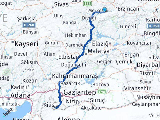 Erzincan Kemah Kilis Arası Kaç Km - Yol Haritası