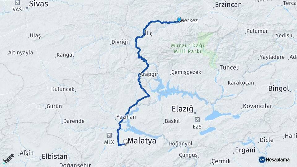 Erzincan Kemah Malatya Arası Kaç Km - Yol Haritası