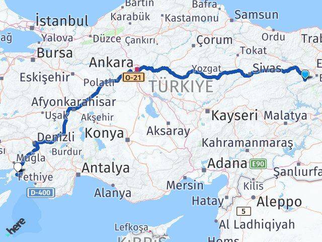 Erzincan Kemah Muğla Arası Kaç Km - Yol Haritası