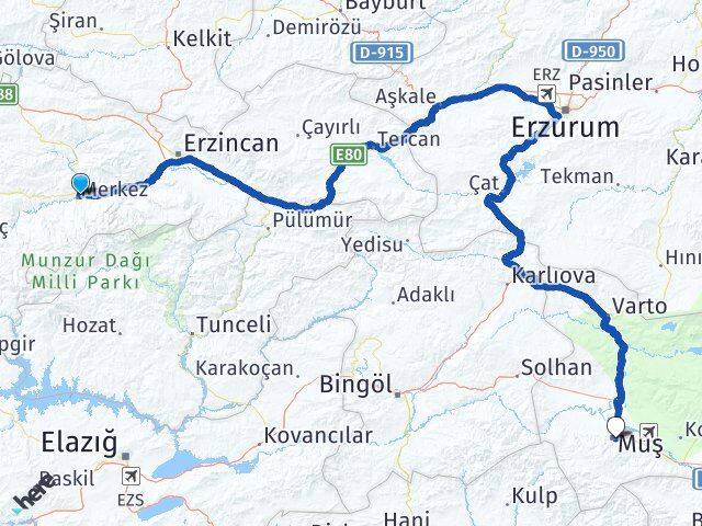 Erzincan Kemah Muş Arası Kaç Km - Yol Haritası
