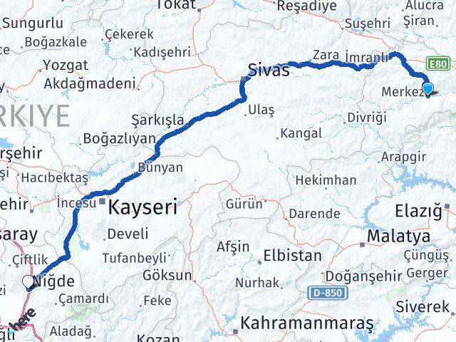 Erzincan Kemah Niğde Arası Kaç Km - Yol Haritası