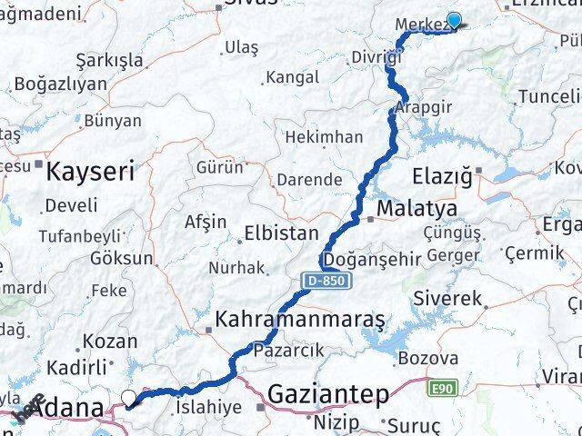 Erzincan Kemah Osmaniye Arası Kaç Km - Yol Haritası
