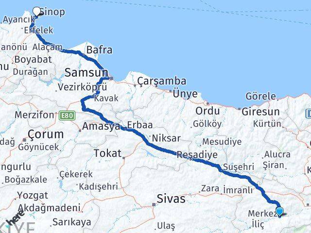 Erzincan Kemah Sinop Arası Kaç Km - Yol Haritası