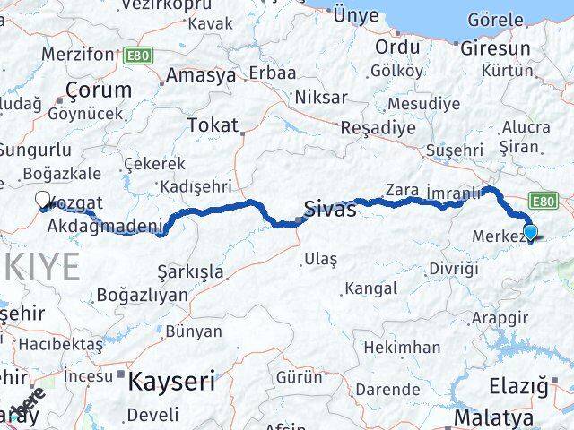 Erzincan Kemah Yozgat Arası Kaç Km - Yol Haritası