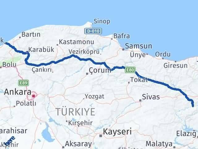 Erzincan Kemah Zonguldak Arası Kaç Km - Yol Haritası