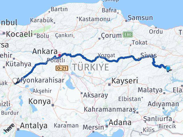 Erzincan Kemaliye Afyonkarahisar Arası Kaç Km - Yol Haritası