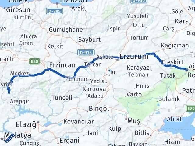 Erzincan Kemaliye Ağrı Arası Kaç Km - Yol Haritası