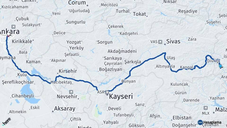 Erzincan Kemaliye Ankara Arası Kaç Km - Yol Haritası