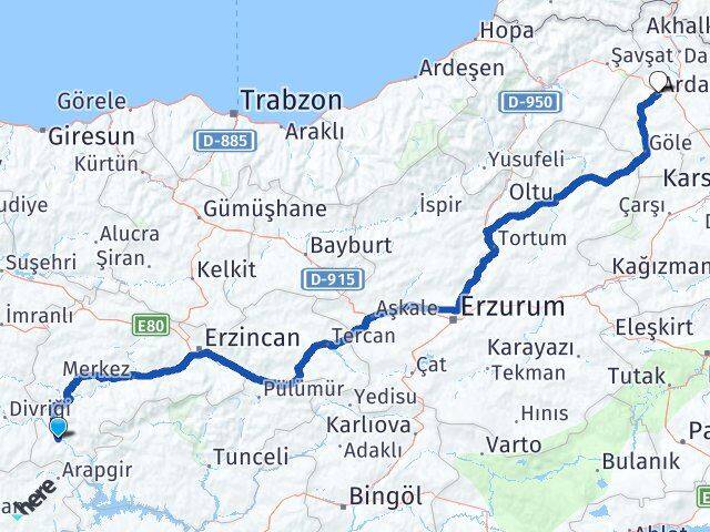 Erzincan Kemaliye Ardahan Arası Kaç Km - Yol Haritası