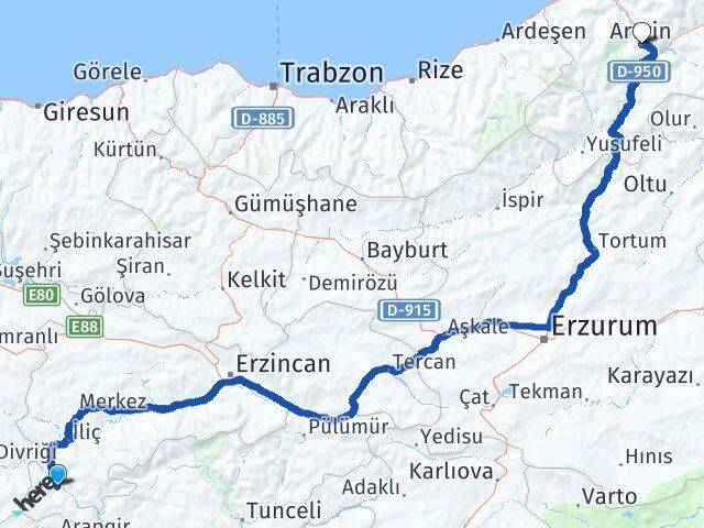 Erzincan Kemaliye Artvin Arası Kaç Km - Yol Haritası