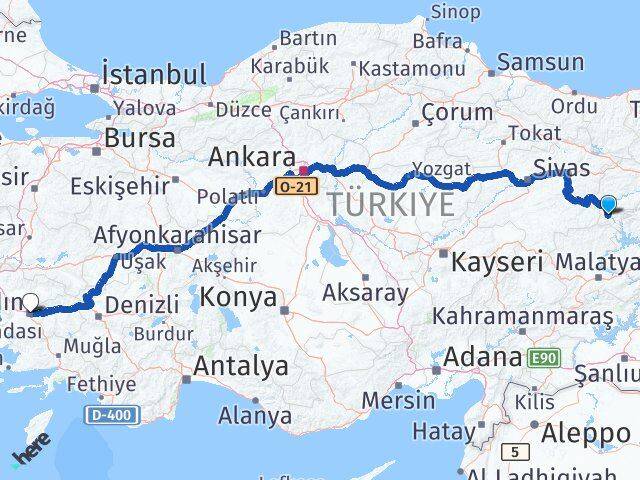 Erzincan Kemaliye Aydın Arası Kaç Km - Yol Haritası