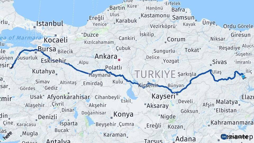 Erzincan Kemaliye Balıkesir Arası Kaç Km - Yol Haritası