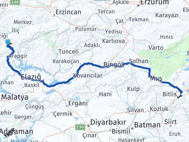 Erzincan Kemaliye Bitlis Arası Kaç Km - Yol Haritası