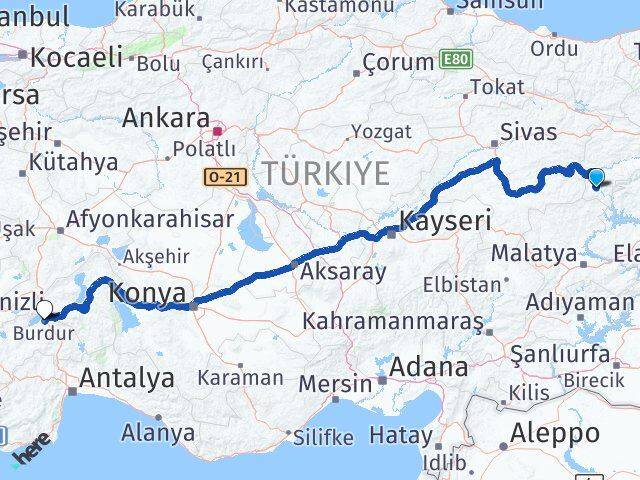 Erzincan Kemaliye Burdur Arası Kaç Km - Yol Haritası