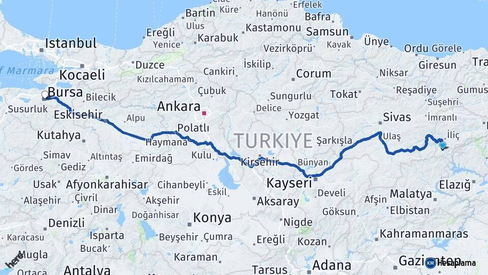 Erzincan Kemaliye Bursa Arası Kaç Km - Yol Haritası