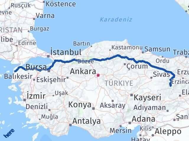 Erzincan Kemaliye Çanakkale Arası Kaç Km - Yol Haritası