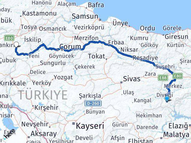 Erzincan Kemaliye Çankırı Arası Kaç Km - Yol Haritası