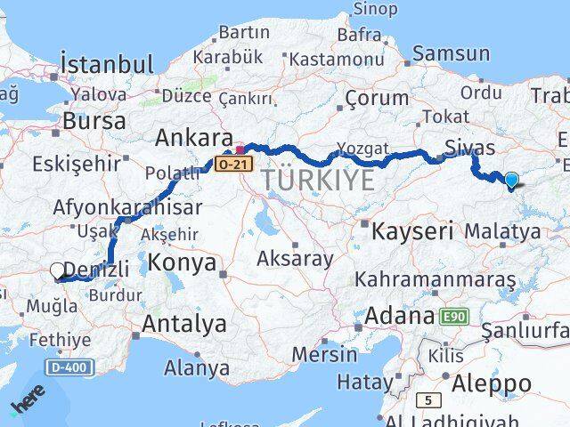 Erzincan Kemaliye Denizli Arası Kaç Km - Yol Haritası