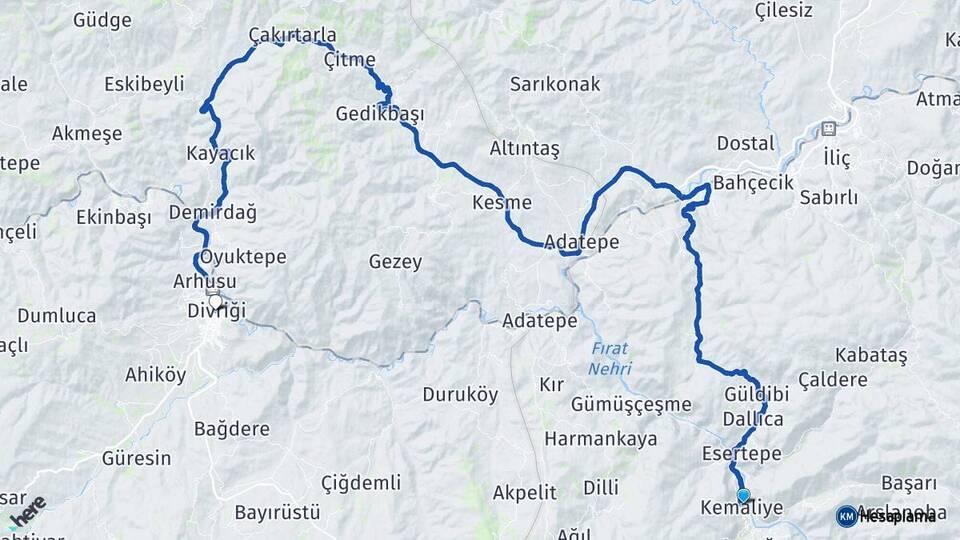 Erzincan Kemaliye Divriği Sivas Arası Kaç Km - Yol Haritası