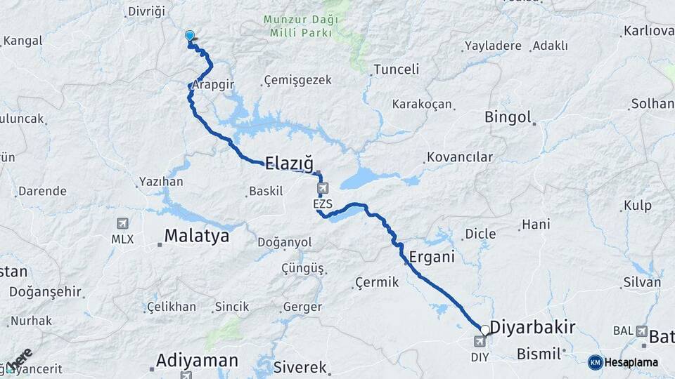 Erzincan Kemaliye Diyarbakır Arası Kaç Km - Yol Haritası
