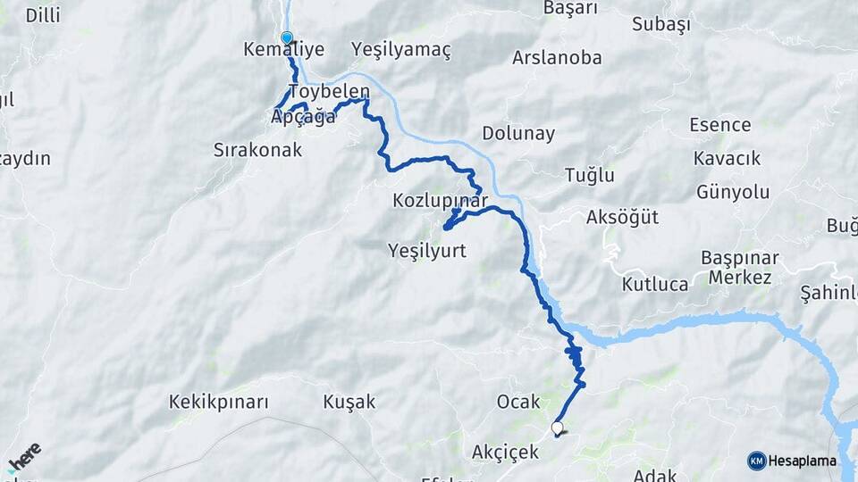Erzincan Kemaliye Dutluca Kemaliye Arası Kaç Km - Yol Haritası