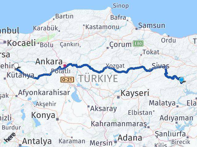Erzincan Kemaliye Eskişehir Arası Kaç Km - Yol Haritası
