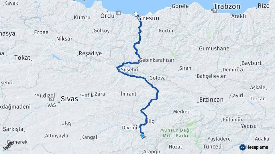 Erzincan Kemaliye Giresun Arası Kaç Km - Yol Haritası