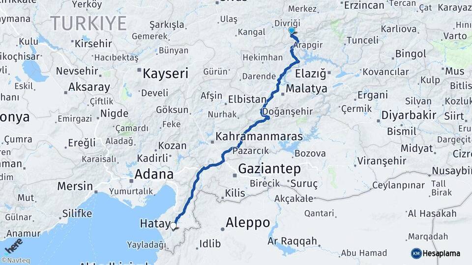Erzincan Kemaliye Hatay Arası Kaç Km - Yol Haritası