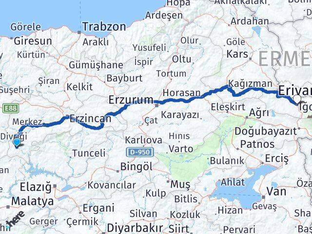 Erzincan Kemaliye Iğdır Arası Kaç Km - Yol Haritası