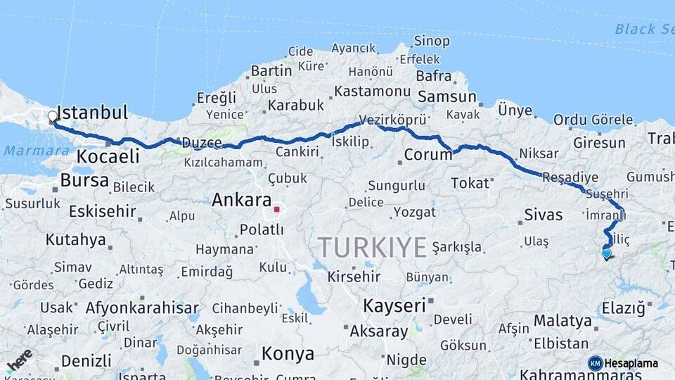 Erzincan Kemaliye İstanbul Arası Kaç Km - Yol Haritası