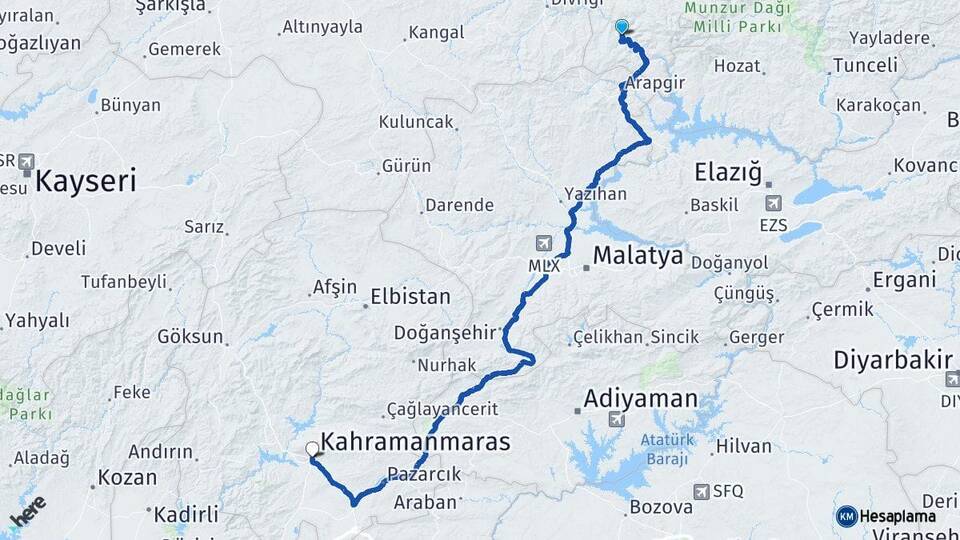 Erzincan Kemaliye Kahramanmaraş Arası Kaç Km - Yol Haritası