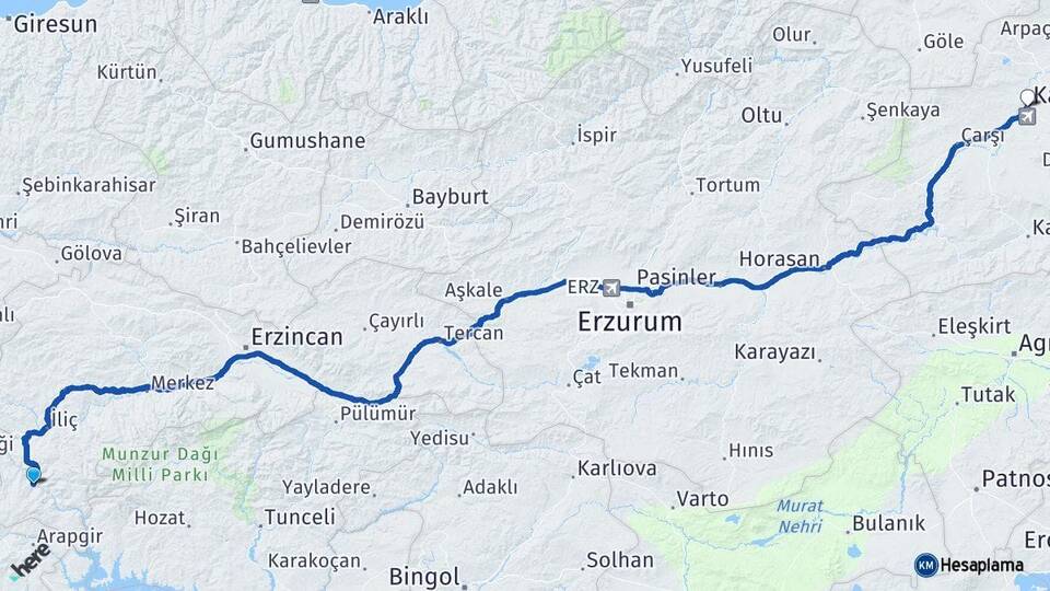 Erzincan Kemaliye Kars Arası Kaç Km - Yol Haritası