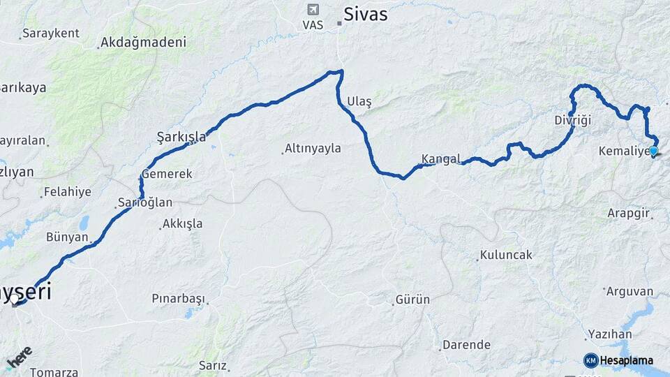 Erzincan Kemaliye Kayseri Arası Kaç Km - Yol Haritası