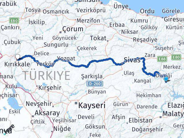 Erzincan Kemaliye Kırıkkale Arası Kaç Km - Yol Haritası
