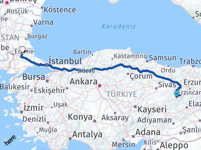 Erzincan Kemaliye Kırklareli Arası Kaç Km - Yol Haritası