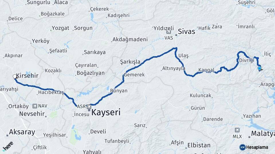Erzincan Kemaliye Kırşehir Arası Kaç Km - Yol Haritası