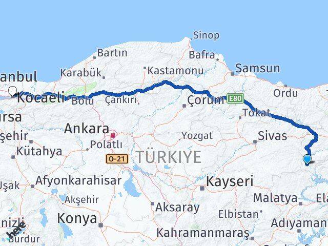Erzincan Kemaliye Kocaeli Arası Kaç Km - Yol Haritası