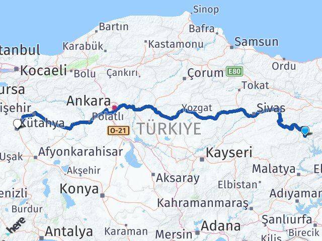 Erzincan Kemaliye Kütahya Arası Kaç Km - Yol Haritası