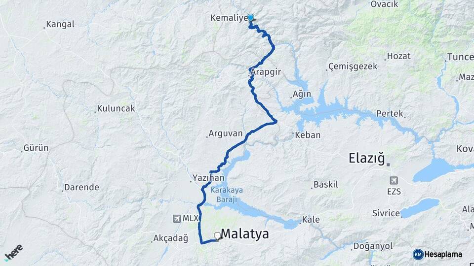 Erzincan Kemaliye Malatya Arası Kaç Km - Yol Haritası