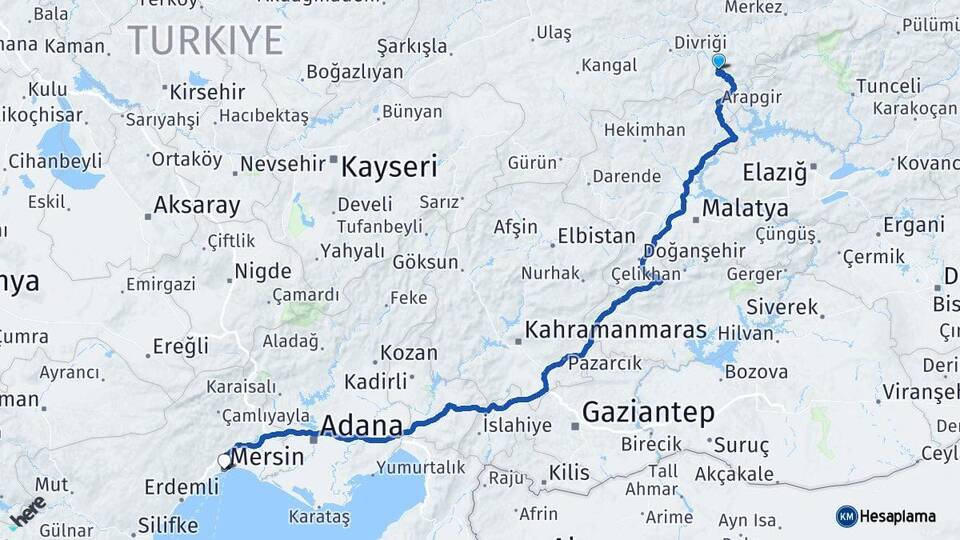 Erzincan Kemaliye Mersin Arası Kaç Km - Yol Haritası