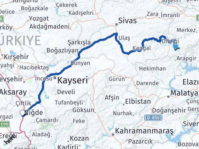 Erzincan Kemaliye Niğde Arası Kaç Km - Yol Haritası