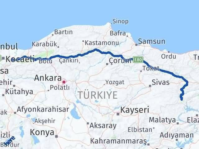 Erzincan Kemaliye Sakarya Arası Kaç Km - Yol Haritası