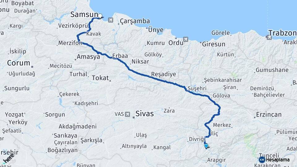 Erzincan Kemaliye Samsun Arası Kaç Km - Yol Haritası