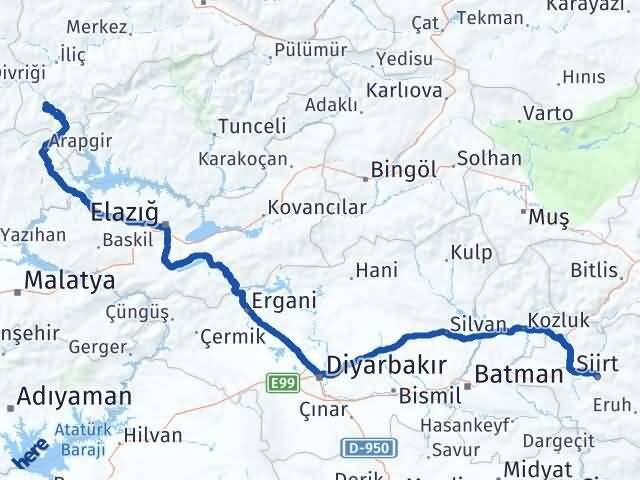 Erzincan Kemaliye Siirt Arası Kaç Km - Yol Haritası
