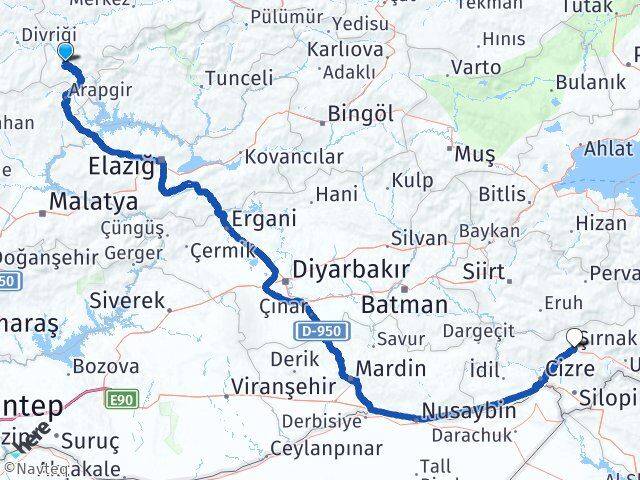 Erzincan Kemaliye Şırnak Arası Kaç Km - Yol Haritası