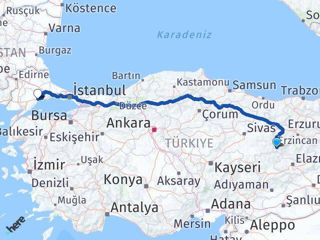 Erzincan Kemaliye Tekirdağ Arası Kaç Km - Yol Haritası