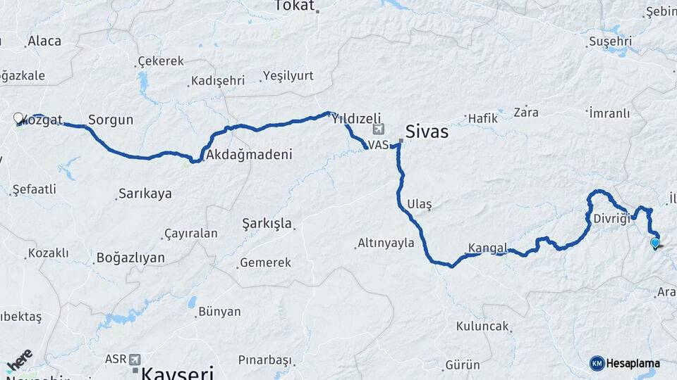 Erzincan Kemaliye Yozgat Arası Kaç Km - Yol Haritası