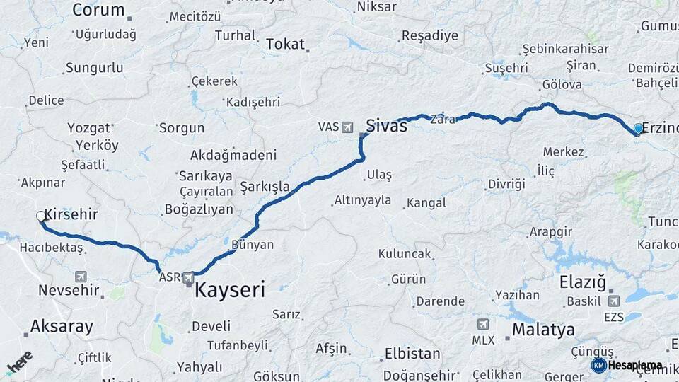 Erzincan Kırşehir Arası Kaç Km - Yol Haritası