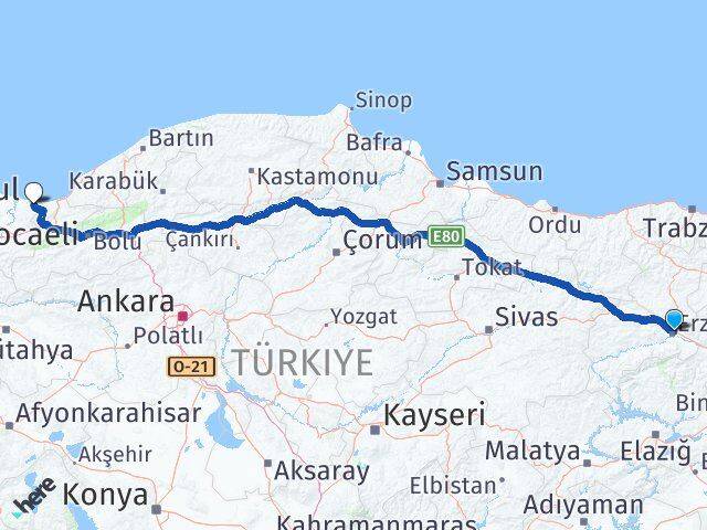 Erzincan Kocaali Sakarya Arası Kaç Km - Yol Haritası