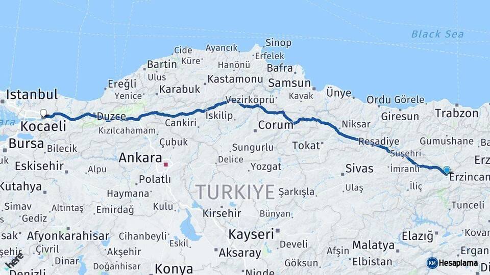 Erzincan Kocaeli Arası Kaç Km - Yol Haritası